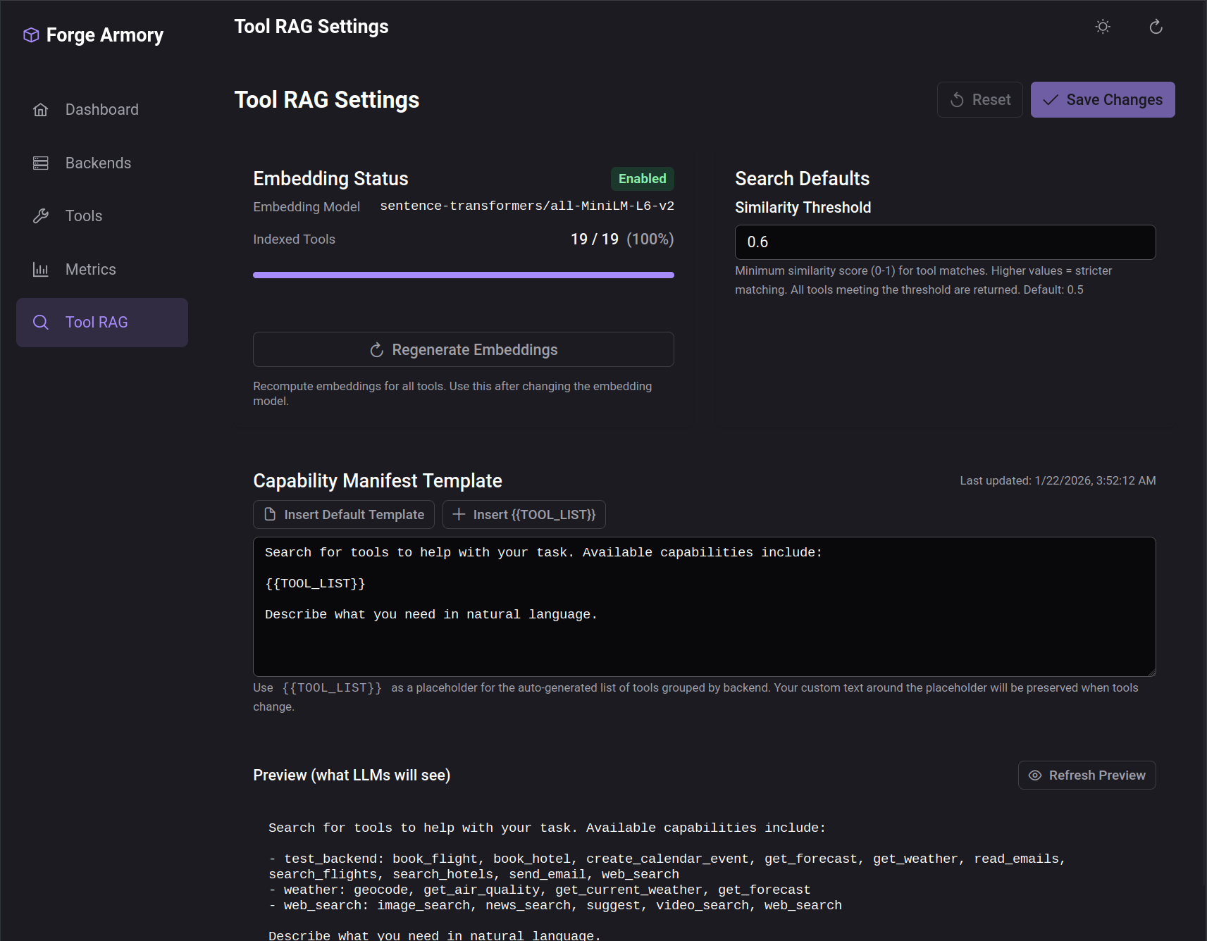 Armory Tool RAG Settings